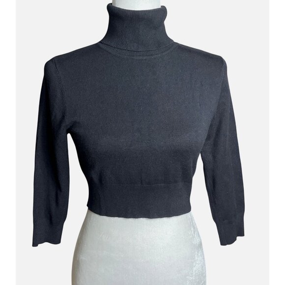 XXI Crop Turtleneck Sweater Black 3/4 Sleeve Coquette Marilyn Stretch Womens M - Picture 1 of 9